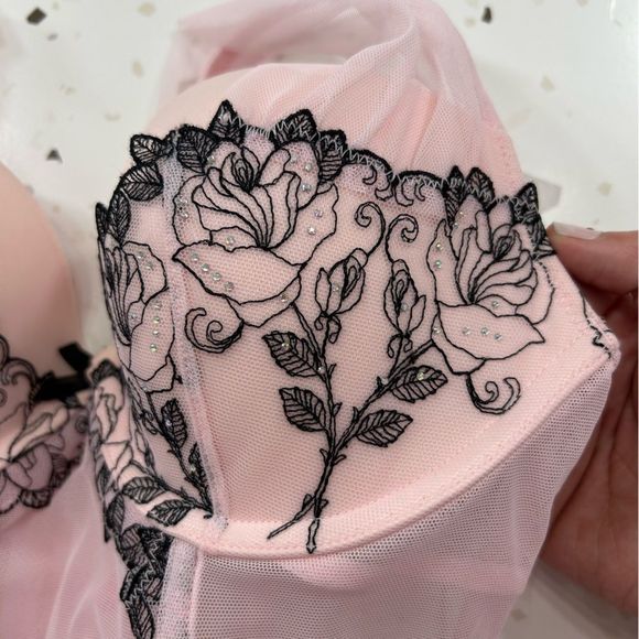 Victorias Secret Pink Corset Mesh Bustier Rhinestone Lingerie 34C - Picture 5 of 11